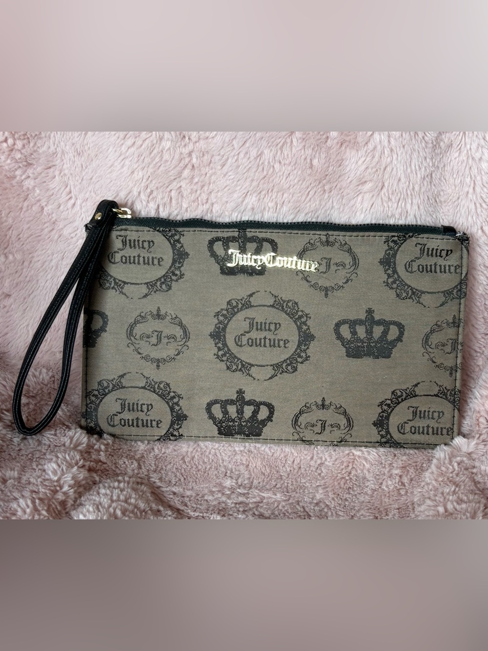 Juicy Couture Taupe Canvas Logo Wristlet with Black Trim